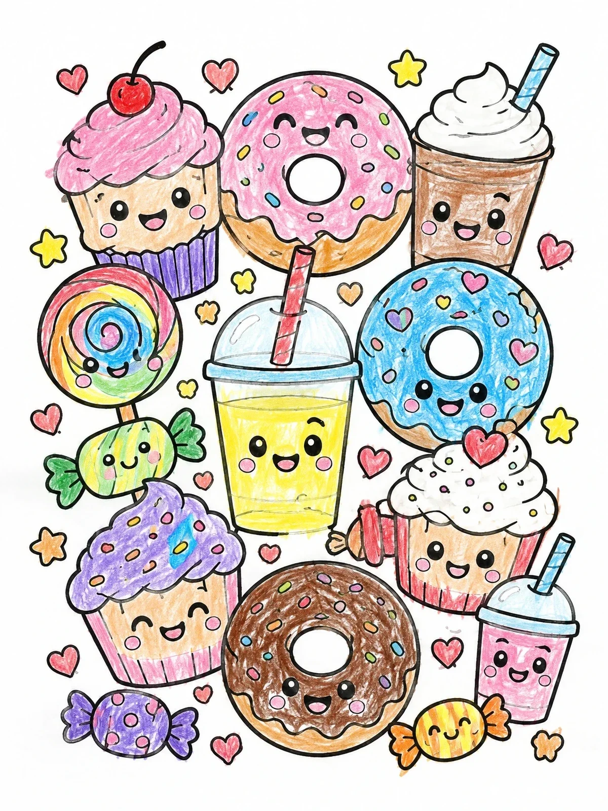 Colored example of the Kawaii Sweet Treats And Drinks coloring page