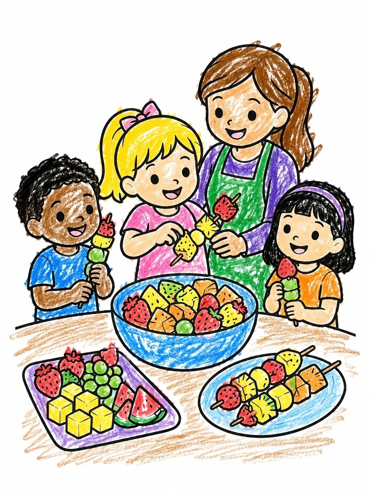 Colored example of the Family Making Fresh Fruit Skewers coloring page