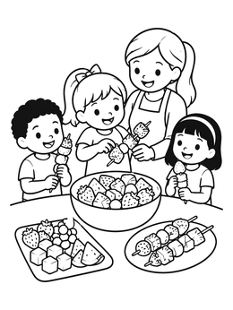 Children and a mom prepare snacks in this cute food coloring page.