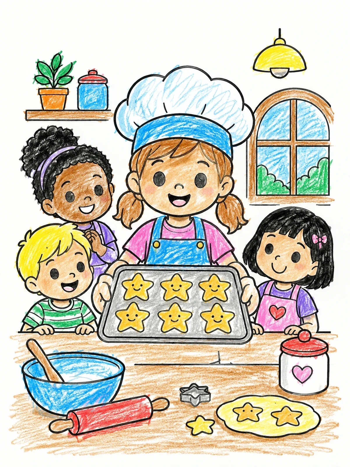 Colored example of the Little Bakers With Star Cookies coloring page
