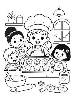 A cute food coloring page showing happy young bakers with a tray of smiling star-shaped cookies.