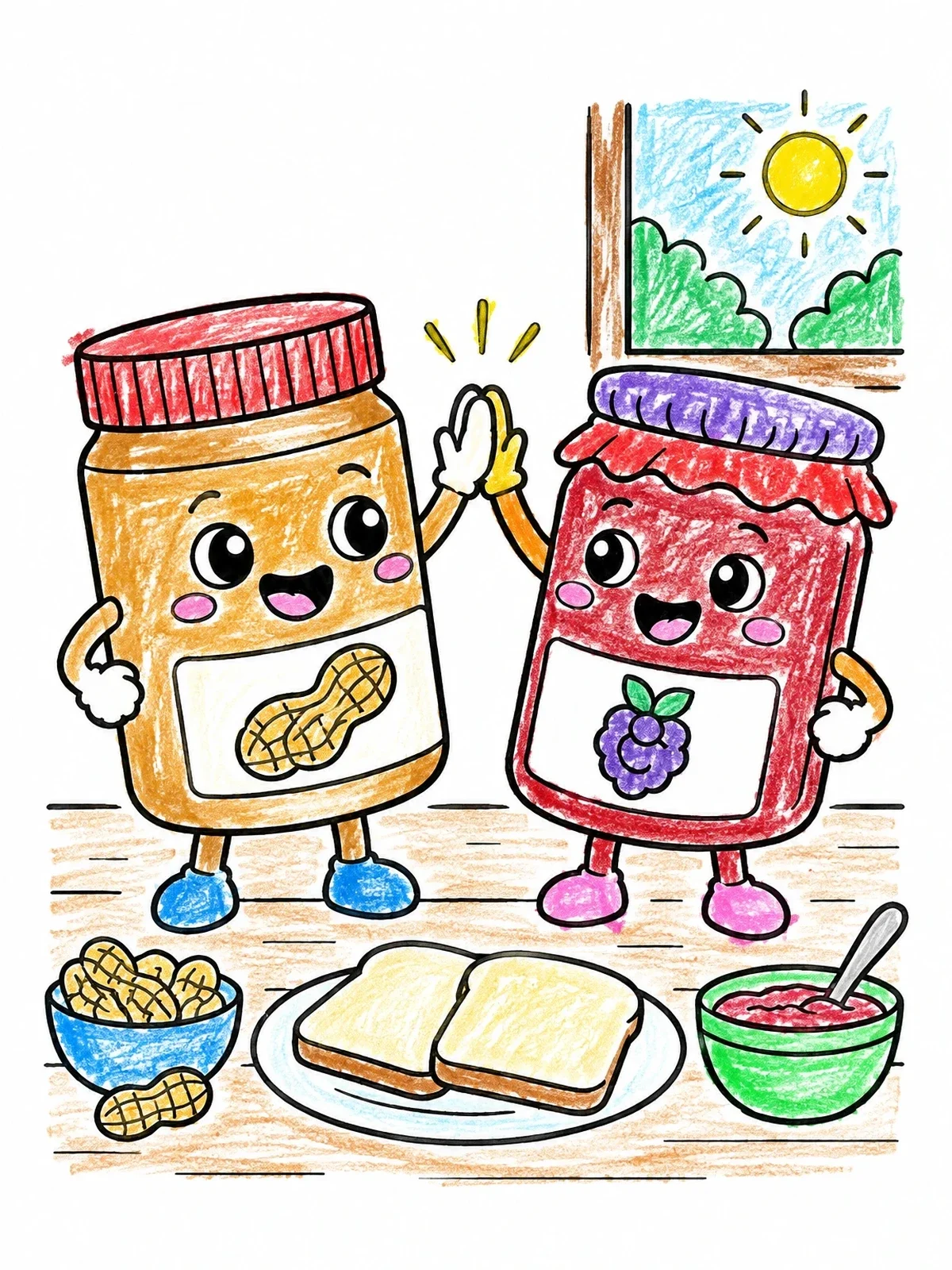 Colored example of the Peanut Butter And Jelly High Five coloring page