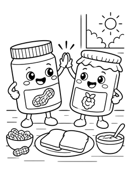 A cute food coloring page featuring happy peanut butter and jelly jars giving each other a high five.