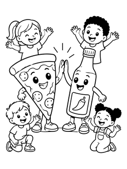 A cute food coloring page showing happy pizza and hot sauce high-fiving with cheering kids.