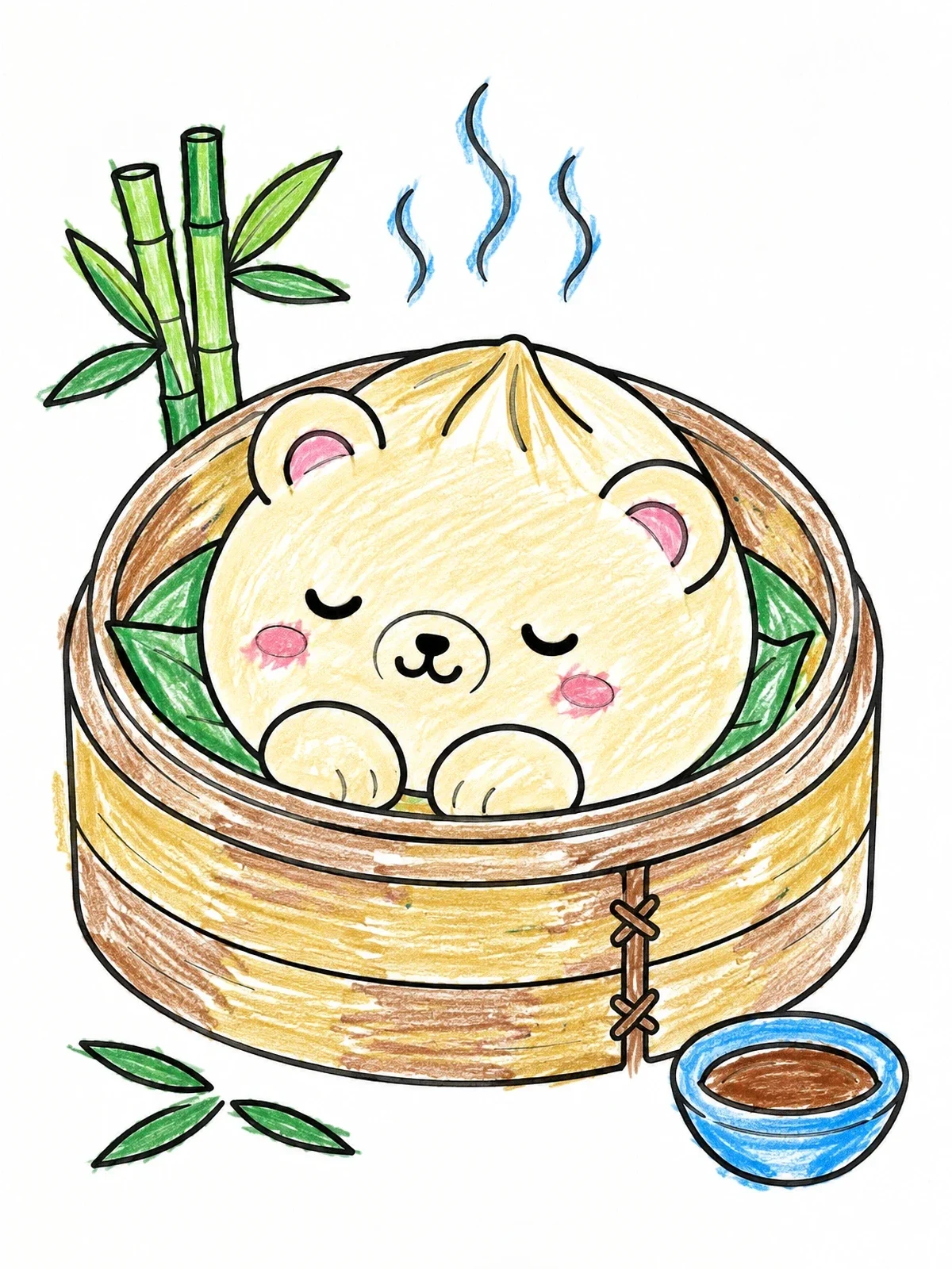 Colored example of the Sleeping Bear Steamed Bun In Basket coloring page