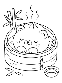A cute food coloring page featuring a sleeping bear bao bun resting inside a bamboo steamer.