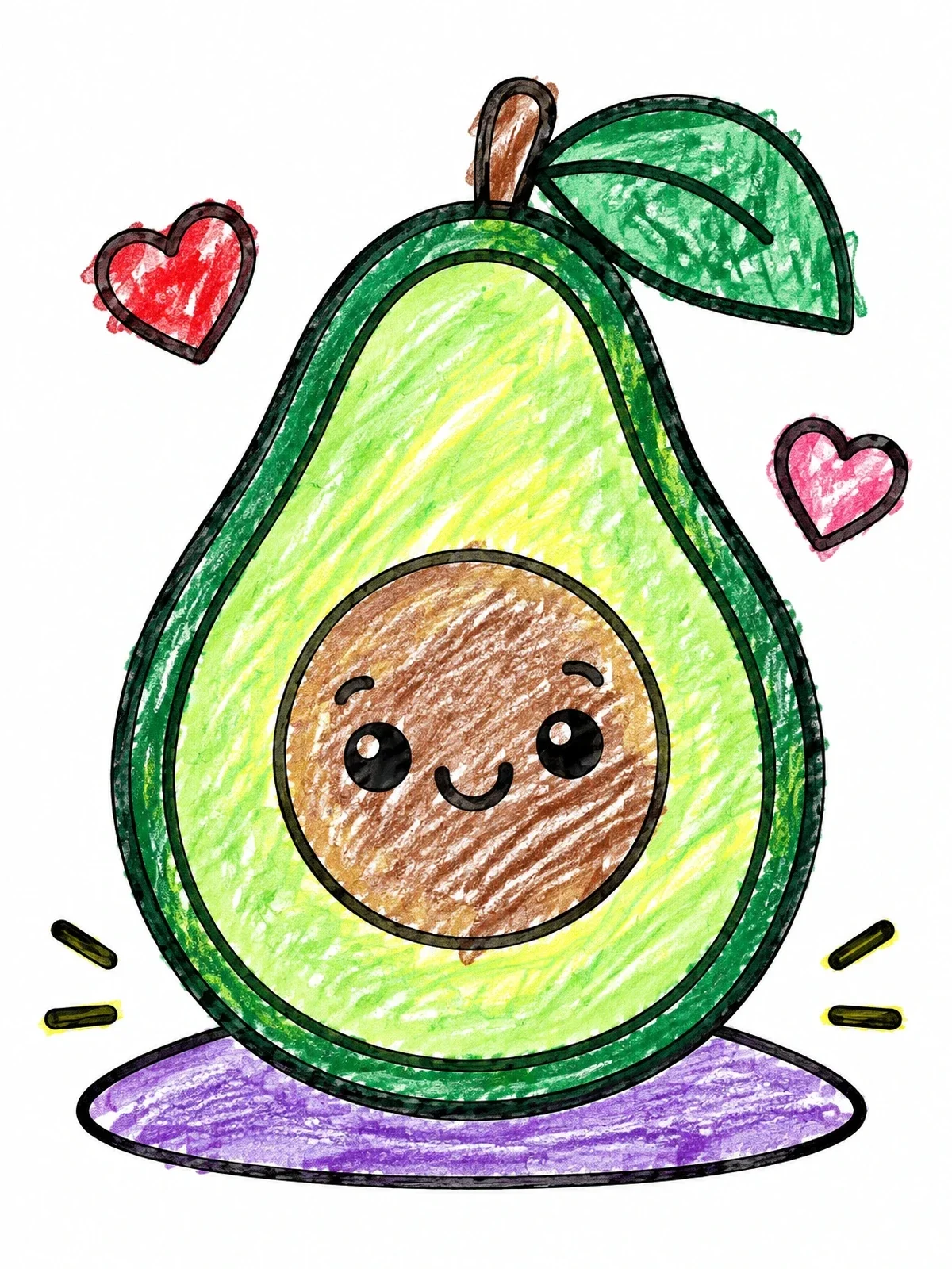 Colored example of the Smiling Avocado Half With Hearts coloring page