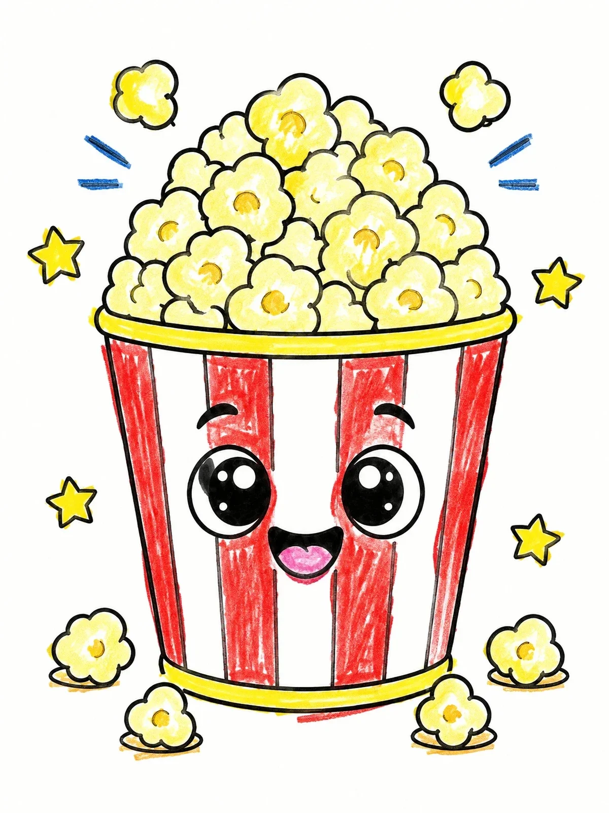 Colored example of the Smiling Popcorn Bucket With Stars coloring page