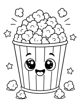 A happy bucket filled with popcorn on this cute food coloring page with stars.