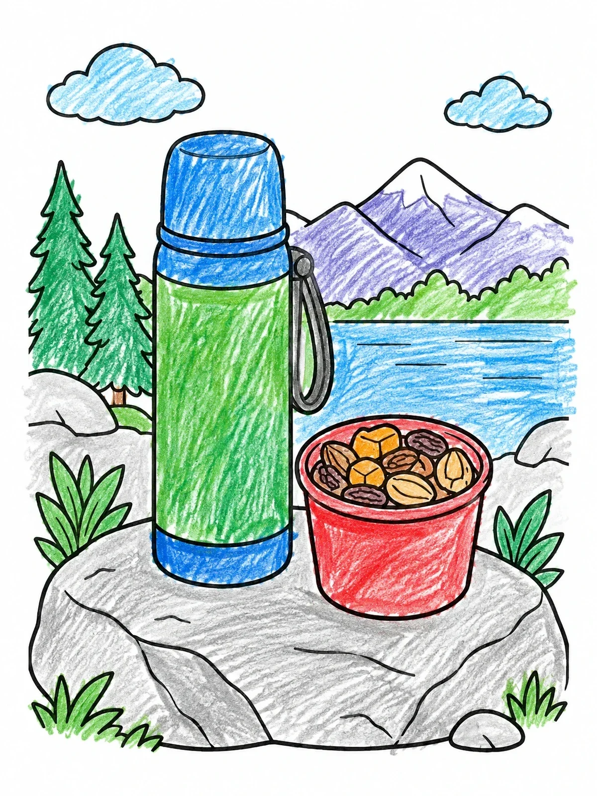 Colored example of the Thermos And Trail Mix On Hike coloring page