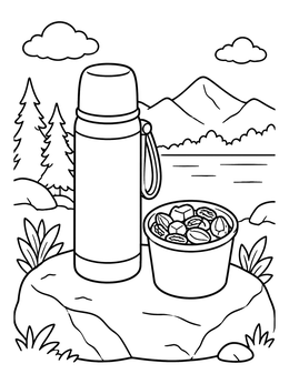 A thermos flask and trail mix cup rest outdoors in this cute food coloring page.