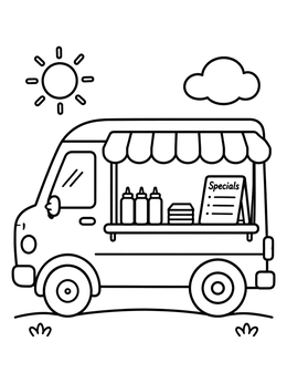 A cute food coloring page featuring a sunny food truck with condiments and a specials board.