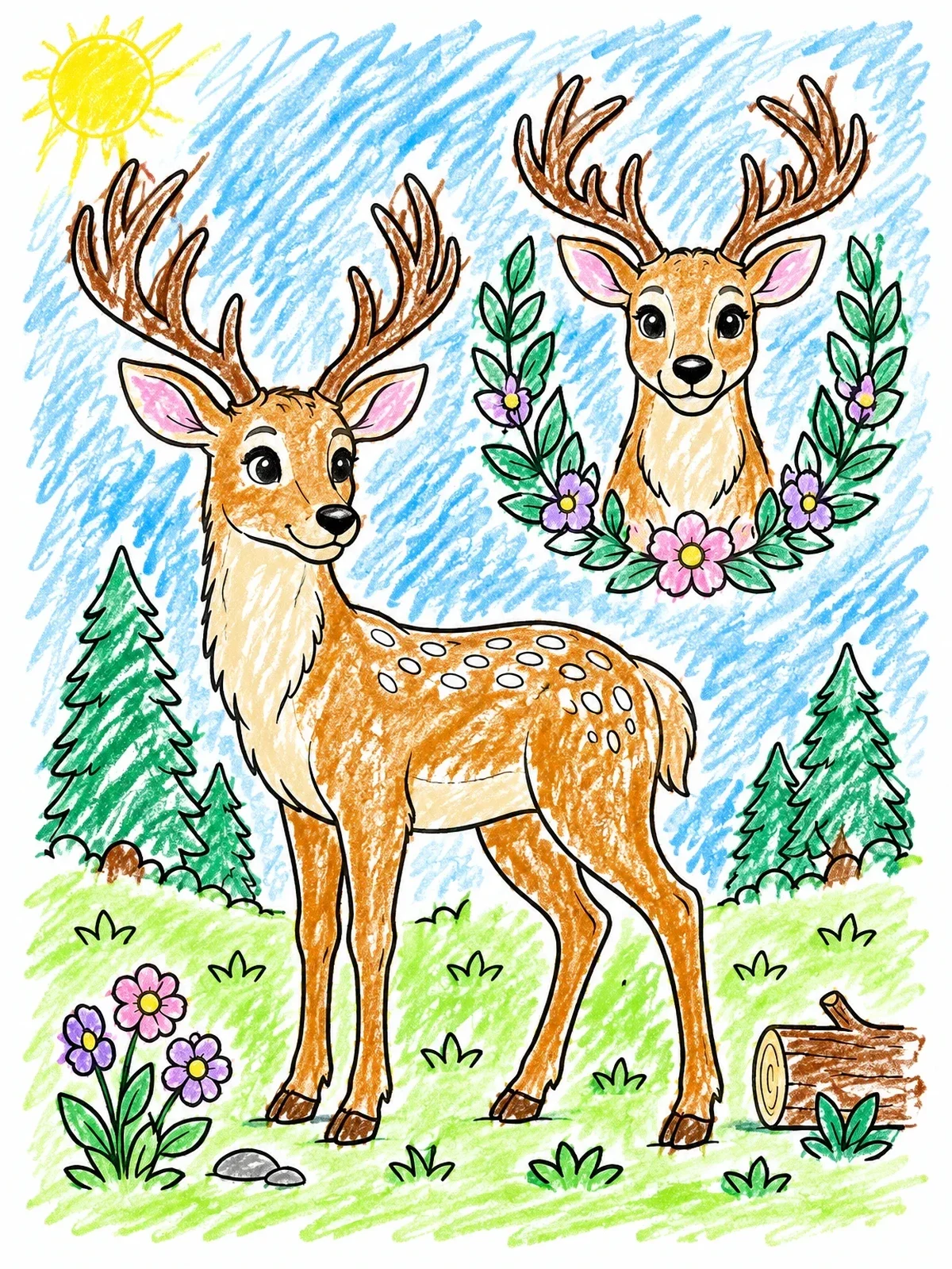 Colored example of the Cute Forest Deer And Portrait coloring page