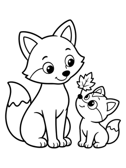 Free printable Cute Fox And Cub With Autumn Leaf coloring page