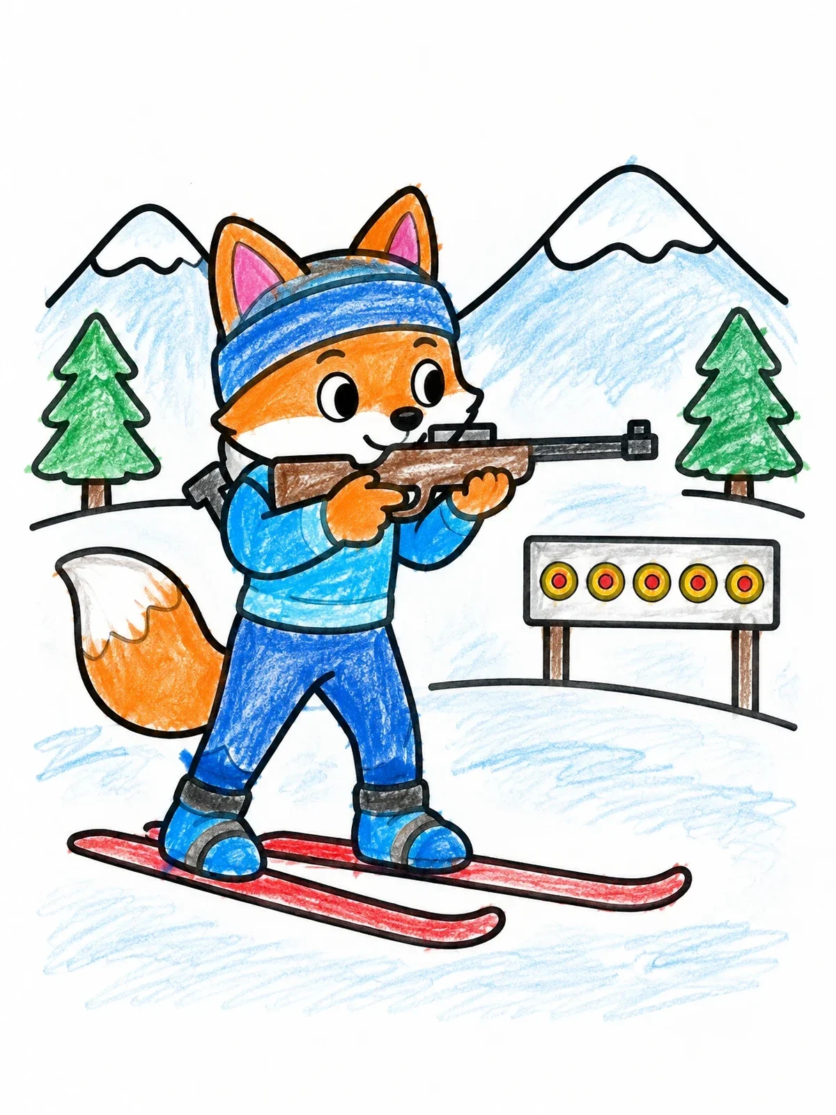 Colored example of the Cute Fox Biathlete Aiming At Targets coloring page