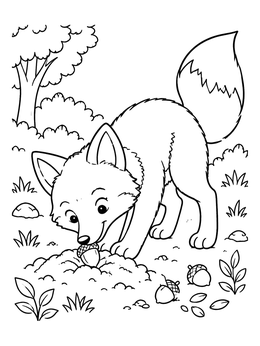 A cute fox coloring page showing a playful fox hiding acorns in soft earth.