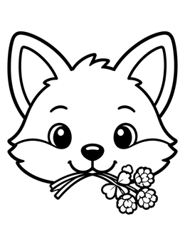 A sweet fox coloring page featuring a smiling cub holding clover blossoms in its mouth.