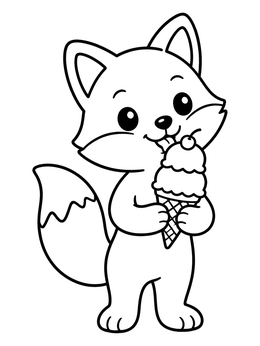 A cute cartoon fox coloring page holding and licking an ice cream cone topped with a cherry.