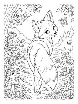 A fox coloring page showing a playful fox looking over its shoulder in the woods.