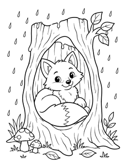 A cute fox coloring page showing a pup resting inside a hollow tree during gentle rainfall.