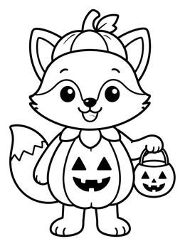 A cute cartoon fox coloring page dressed in a Halloween pumpkin costume with a treat bucket.