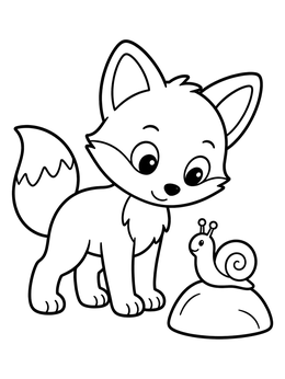 A curious baby fox coloring page meeting a small snail on a rock.