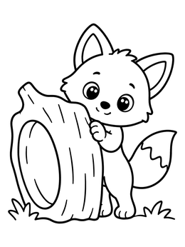 Free printable Cute Fox Kit Behind A Hollow Log coloring page
