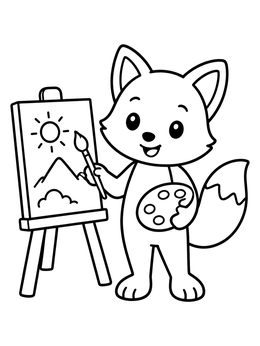 A cute fox coloring page featuring an artist painting a landscape on an easel.