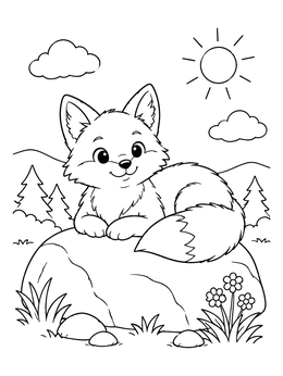 A happy little fox coloring page showing the cub resting peacefully on a large stone.