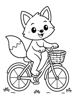 A happy little fox riding a bicycle with a basket in this cute fox coloring page.