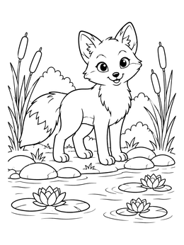 A cute fox coloring page standing on a riverbank with water lilies and reeds.
