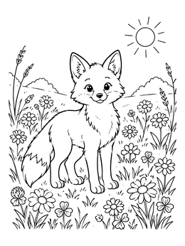 A smiling fox coloring page featuring daisies, clover, and a bright sun in a field.