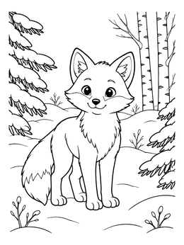 A cute fox coloring page set in a snowy clearing surrounded by pine and birch trees.