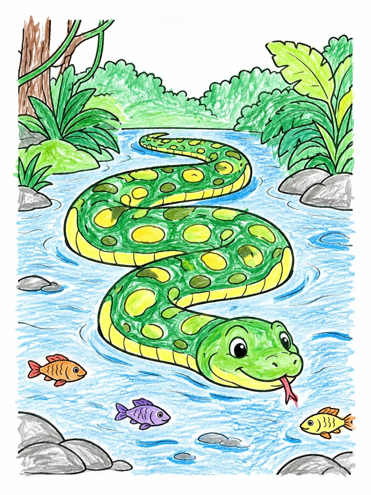 Colored example of the Friendly Anaconda In Jungle River coloring page