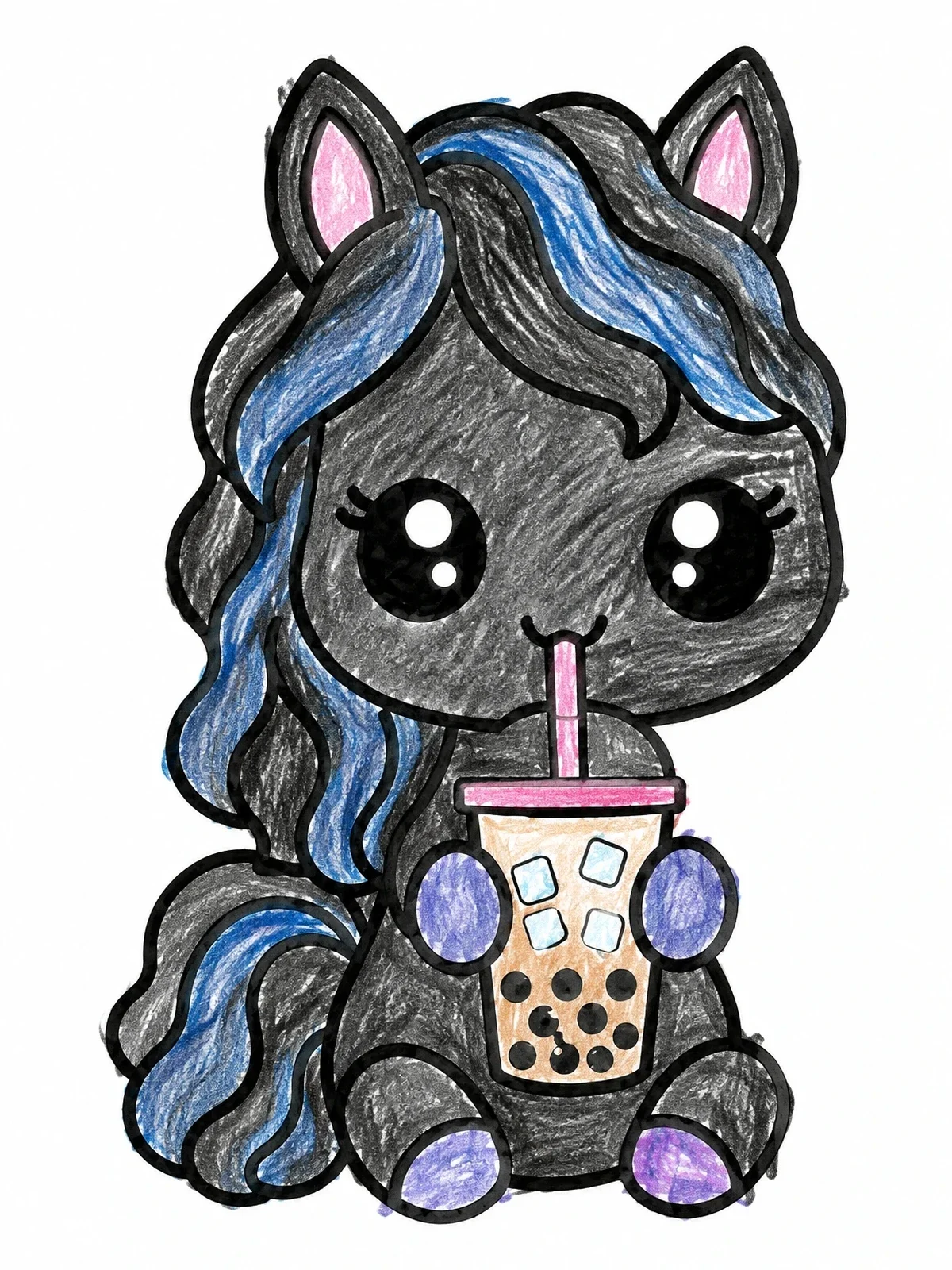 Colored example of the Cute Friesian Pony Drinking Boba Tea coloring page