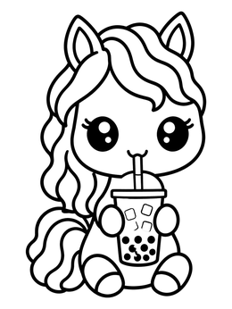 Free printable Cute Friesian Pony Drinking Boba Tea coloring page