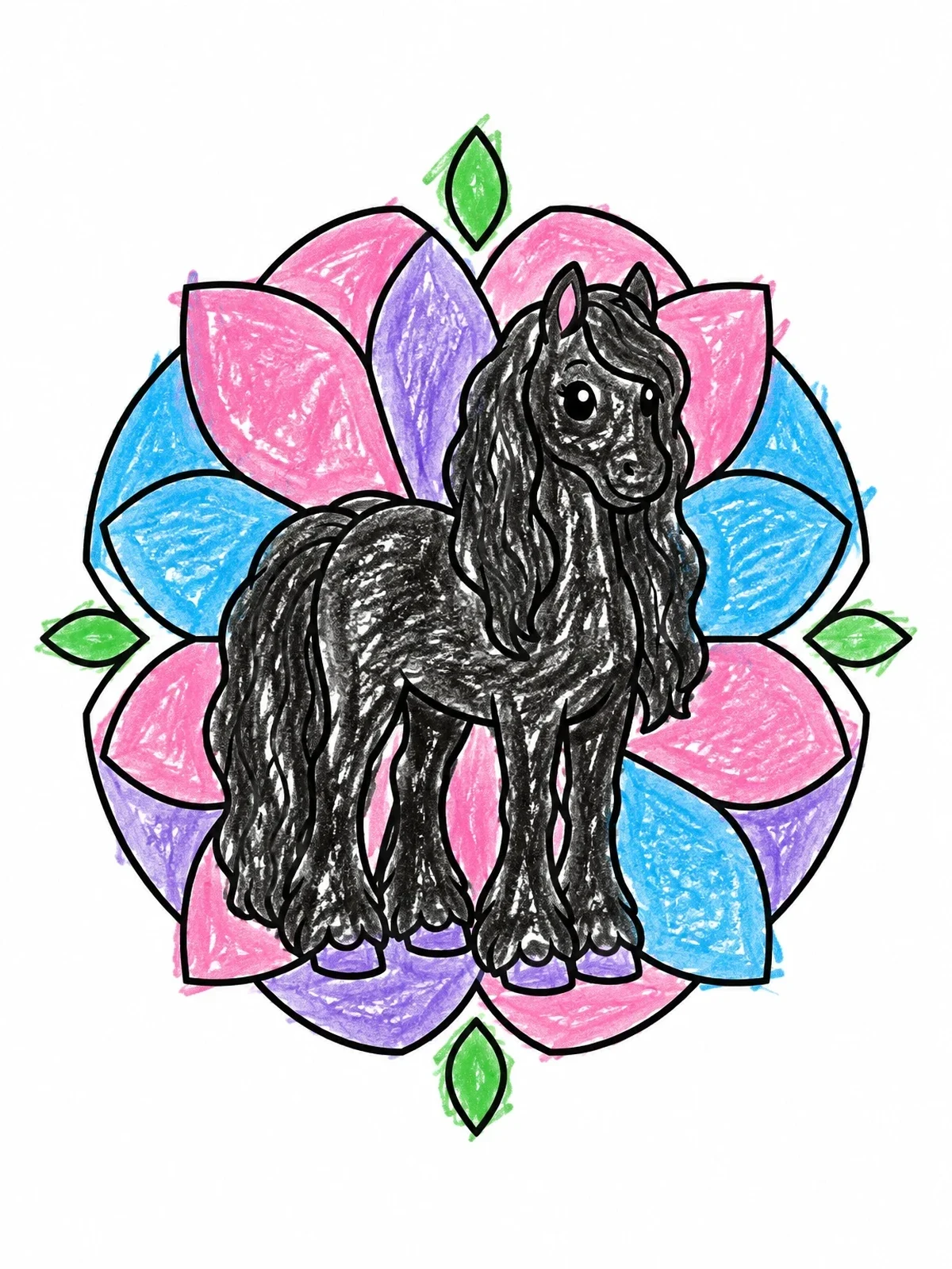 Colored example of the Cute Friesian Pony With Floral Mandala coloring page