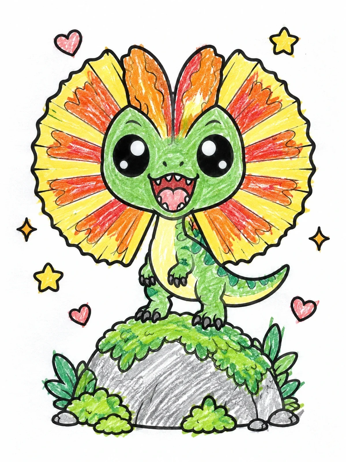 Colored example of the Cute Frilled Dilophosaurus On A Rock coloring page