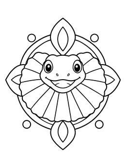 A smiling frilled lizard coloring page framed by geometric patterns.