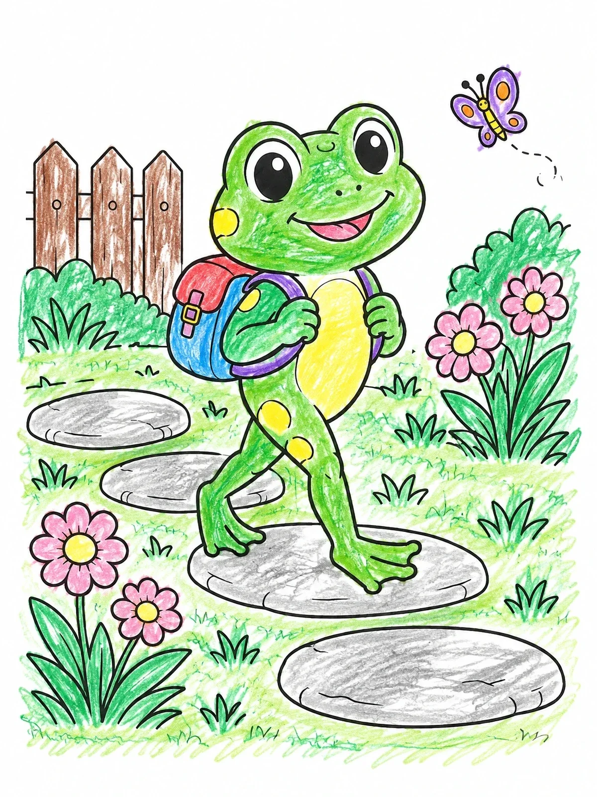 Colored example of the Cute Frog With Backpack On Garden Path coloring page