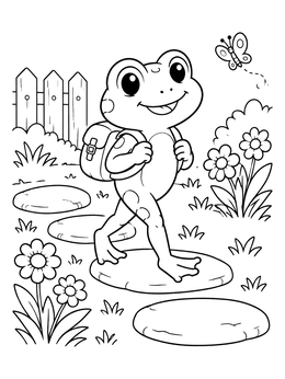A happy frog coloring page featuring a small frog with a backpack walking across stepping stones.