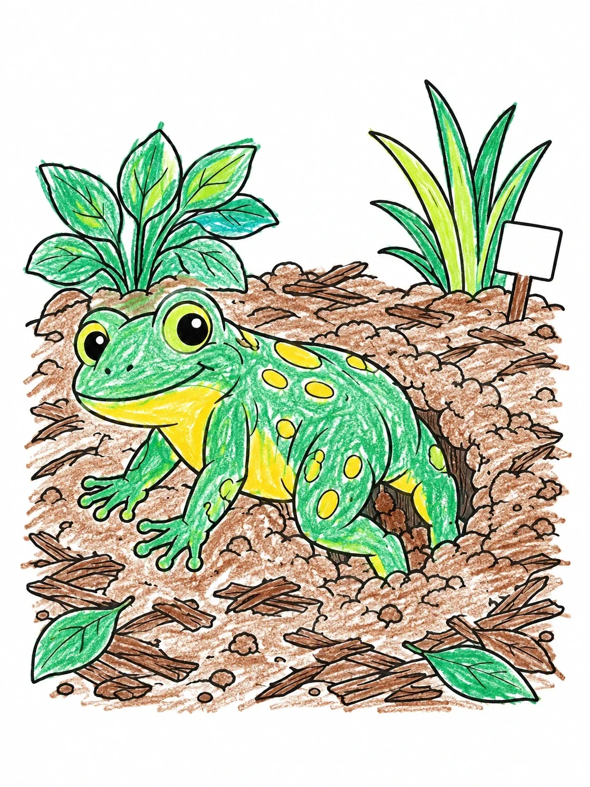 Colored example of the Cute Frog Burrowing In Garden coloring page