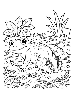 A cheerful frog coloring page showing a toad burrowing into garden soil surrounded by plants.