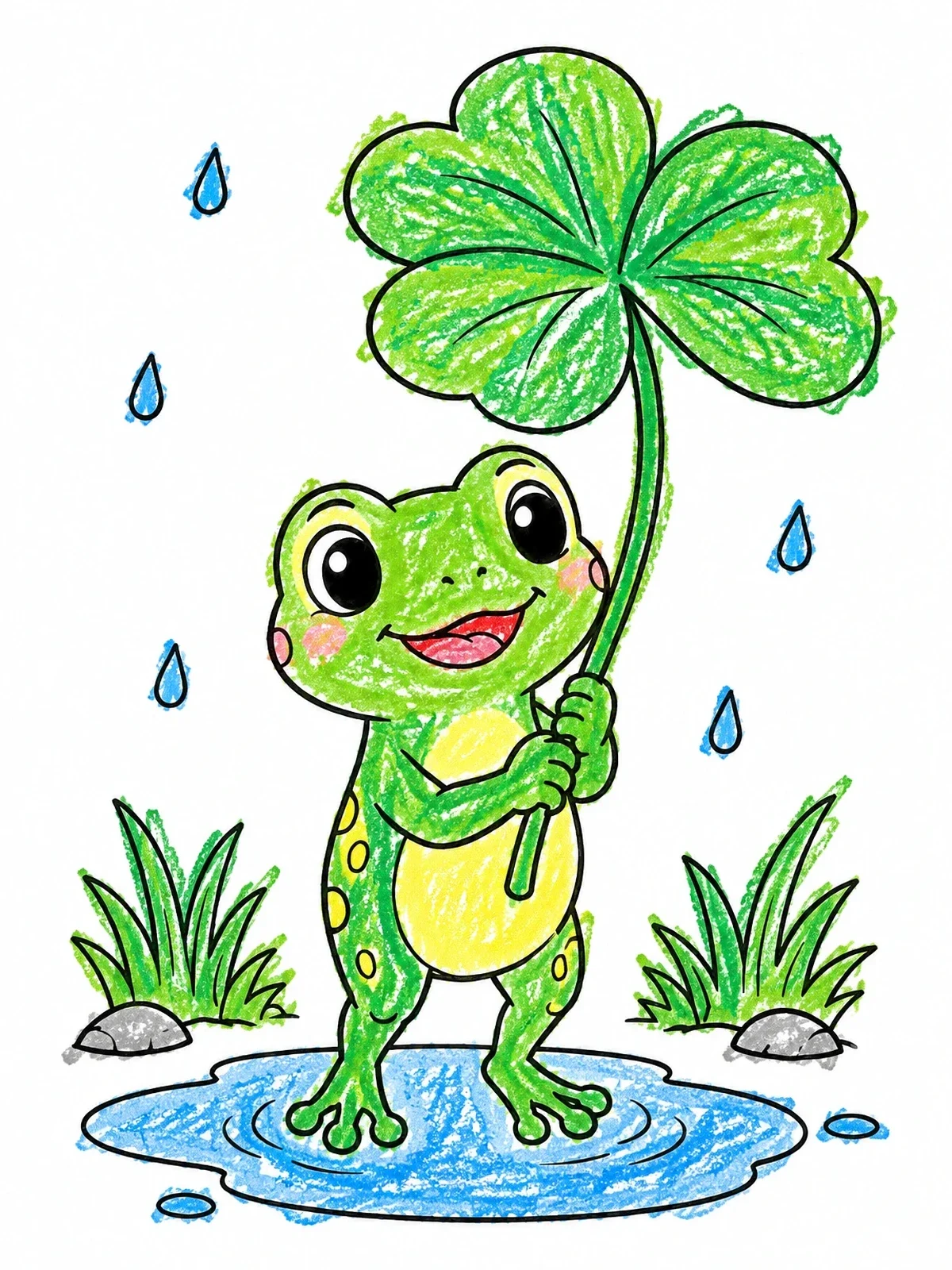 Colored example of the Cute Frog With Clover Umbrella coloring page