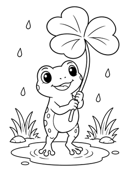 A cheerful frog coloring page showing a little frog holding a clover leaf umbrella in a puddle.