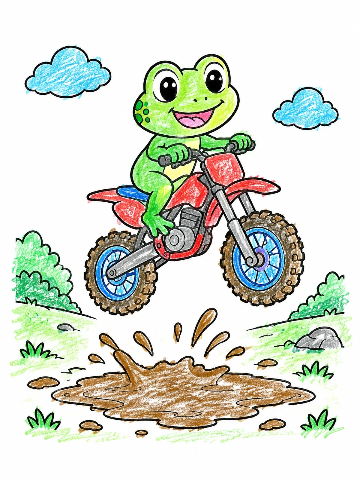 Colored example of the Cute Frog Jumping On Dirt Bike coloring page