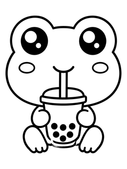 A cute cartoon frog coloring page sipping boba tea through a straw.