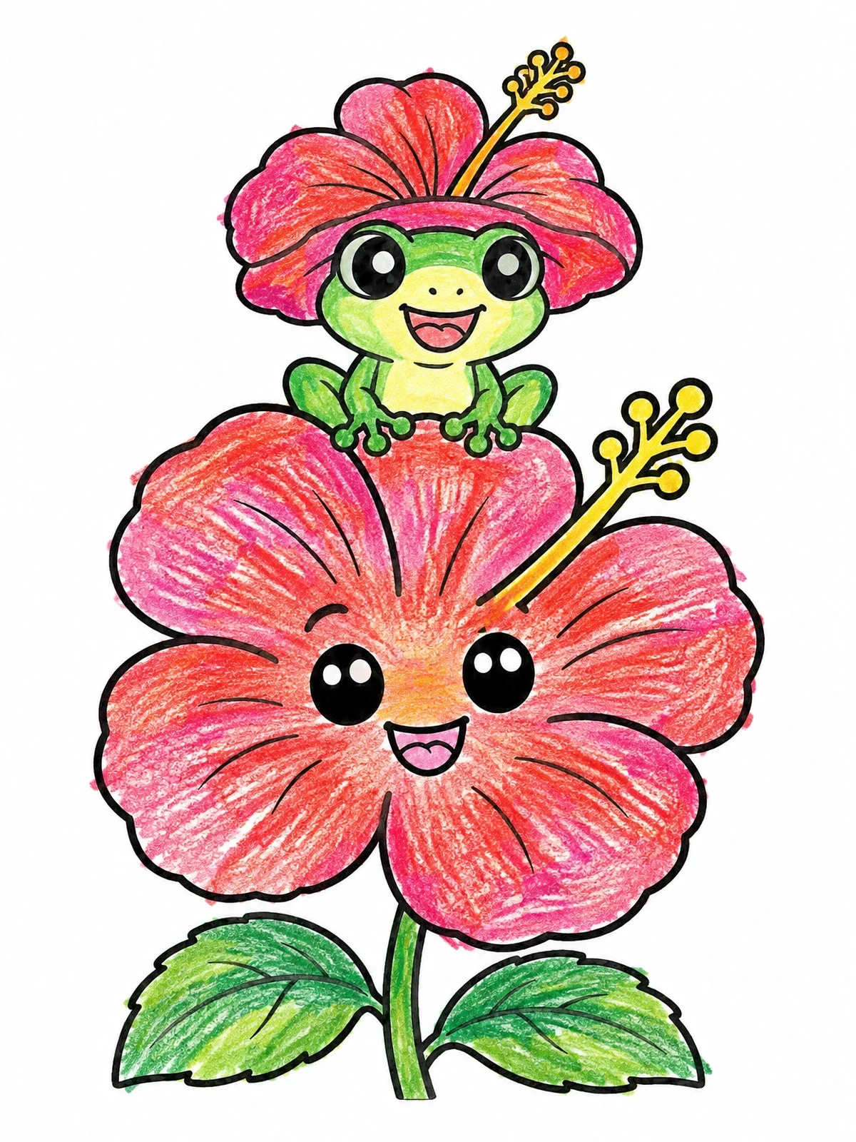 Colored example of the Cute Frog Wearing A Hibiscus Hat coloring page
