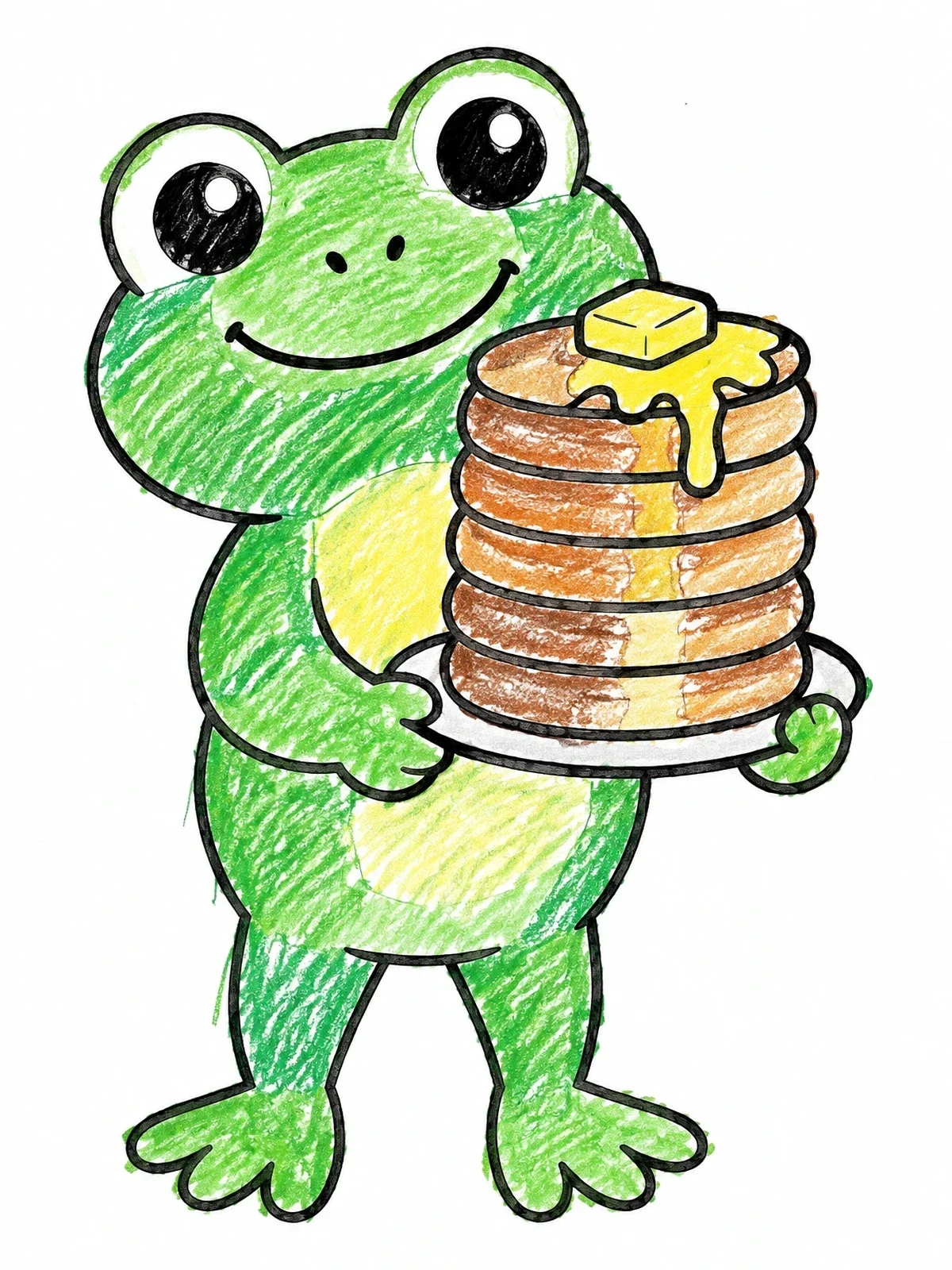 Colored example of the Cute Frog Holding Pancakes coloring page