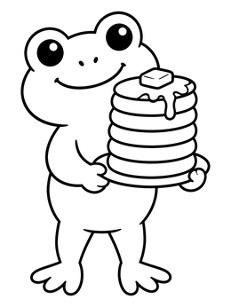 A cheerful cartoon frog coloring page holding a tall stack of warm pancakes with syrup.